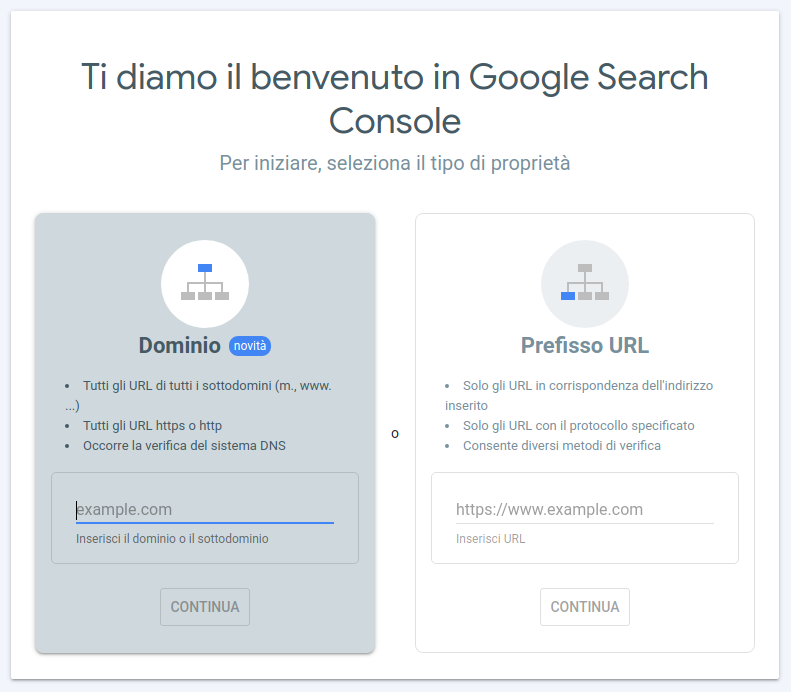 Google Search Console crea nuova proprietà