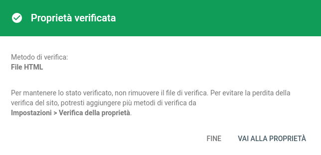 google search console verifica completata