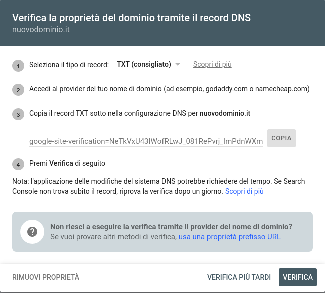 google search console verifica proprietà dominio