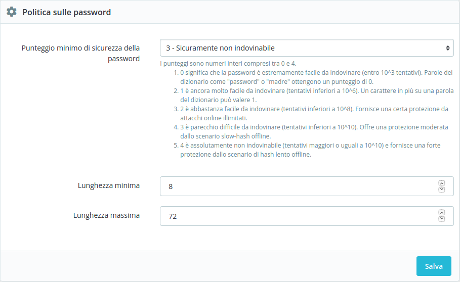 impostazione sicurezza delle password prestashop