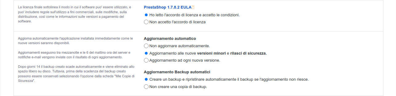 Impostazioni di aggiornamento Prestashop