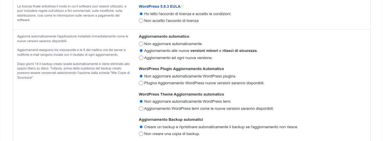 Impostazioni di aggiornamento Wordpress