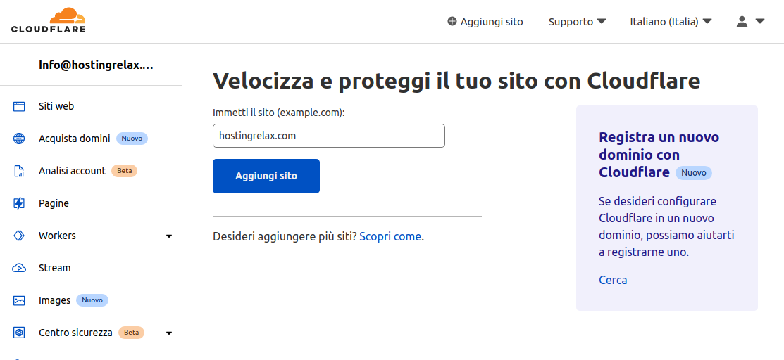 Cloudflare aggiungi sito