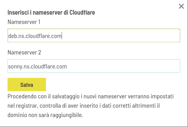 Cloudflare imposta i nuovi nameserver