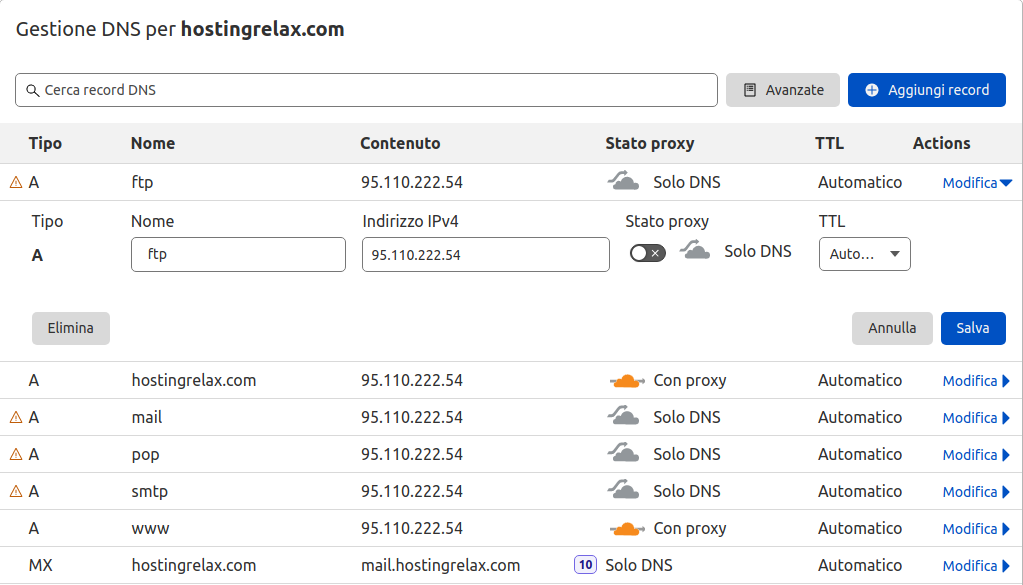 Cloudflare modifica impostazioni proxy
