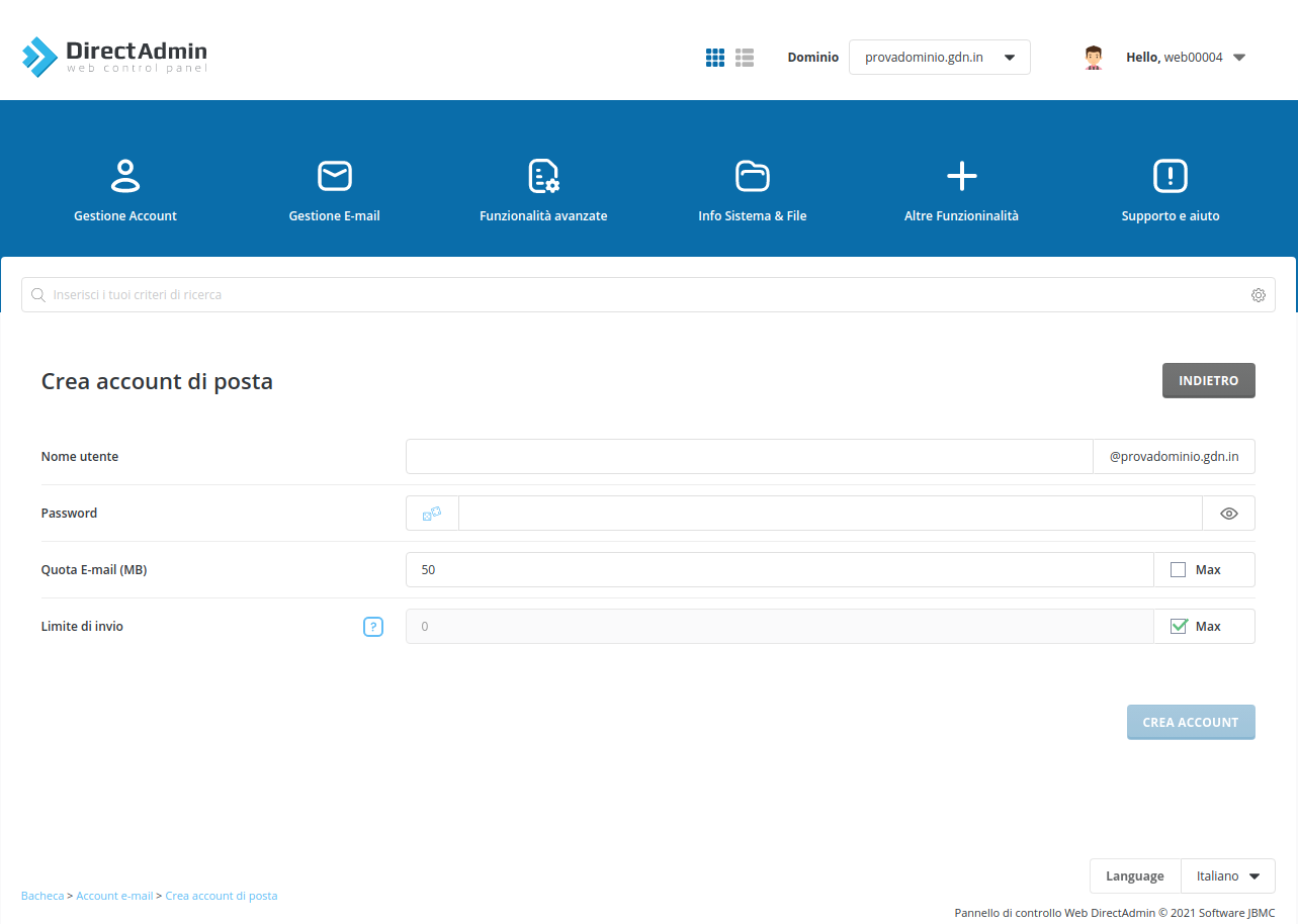 form creazione email