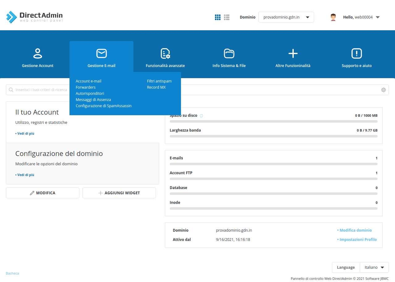 Menu gestione email