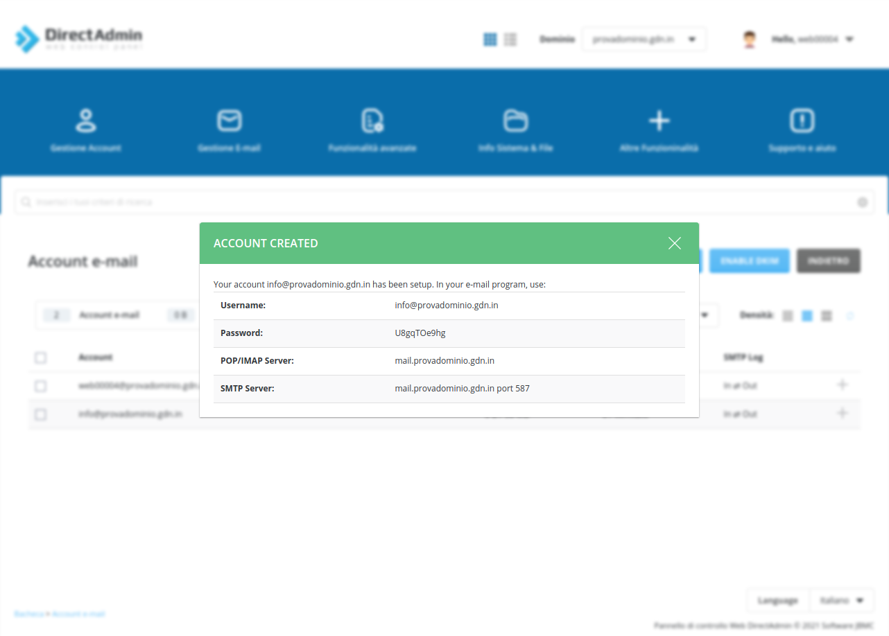 riepilogo dati nuova email