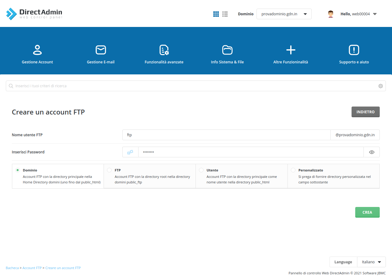 crea account ftp