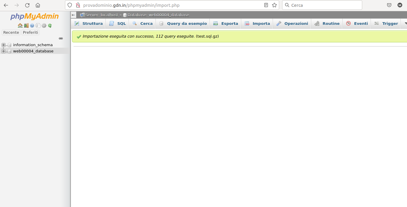 PhpMyAdmin database importato